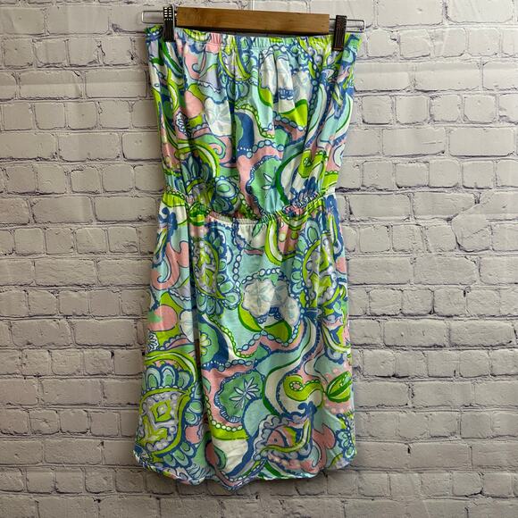 Lilly Pulitzer Windsor Strapless Dress Blue Pink Conch Republic Small Cotton - Picture 1 of 8